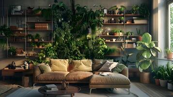 d'inspiration scandinave Urbain jungle vivant pièce une rempli de verdure oasis dans industriel style photo