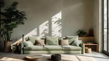 sauge vert canapé dans moderne minimaliste vivant pièce rayonnant paix et harmonie photo