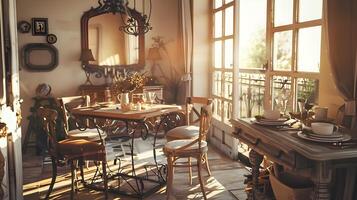 charmant rustique ferme à manger pièce avec confortable antique ameublement et attrayant atmosphère photo