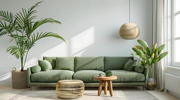 sauge vert canapé dans moderne scandinave vivant pièce avec mis en pot paume et rotin table photo