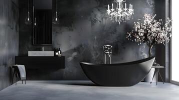 prestigieux monochrome salle de bains avec haut de gamme autonome baignoire et fumée quartz lustre photo