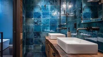 radiant industriel salle de bains avec bleu céramique carrelage et rustique bois accents photo