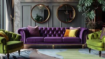 violet velours canapé avec or jambes - une luxueux vivant espace renforcée par vibrant vert les fauteuils photo