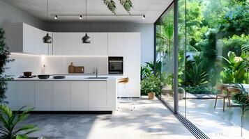 minimaliste cuisine harmonisant avec luxuriant jardin vues photo
