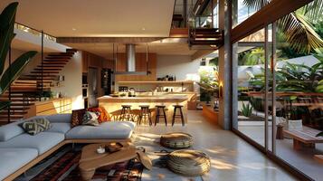 moderne Tulum style maison intérieur avec ouvert cuisine et tropical les plantes photo
