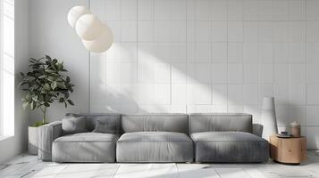 minimaliste vivant pièce avec gris canapé contre blanc carrelé mur dans doux lumière photo