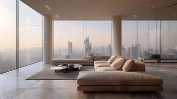 minimaliste Dubai appartement vivant pièce avec ville horizon vues à le coucher du soleil photo