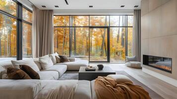 moderne vivant pièce avec l'automne forêt vue une serein, haut de gamme havre de confort et luxe photo