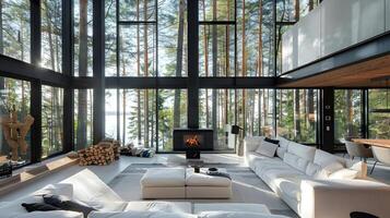 moderne vivant pièce dans forêt exsudant tranquillité et hygge avec scandinave conception et bois brûlant le fourneau photo