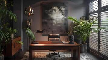 moderne Bureau avec abstrait La peinture et verdure, exsudant luxueux ambiance photo
