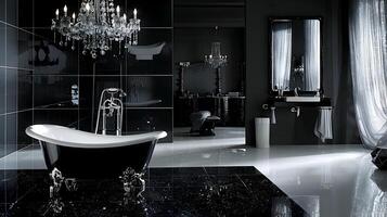 luxueux monochrome salle de bains avec Sur pied baignoire et cristal lustre photo