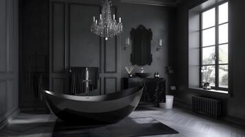 luxueux gothique salle de bains avec Sur pied baignoire et cristal lustre dans minimaliste Manoir photo