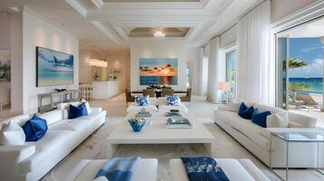 luxueux en bord de mer Manoir vivant pièce océan vues, blanc et bleu décor, et élégant contemporain art photo