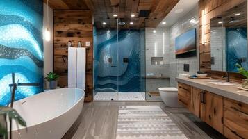 lumineux bleu à motifs de vagues mosaïque salle de bains avec chaud bois accents et attrayant Sur pied baignoire photo
