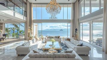luxueux vivant pièce avec panoramique océan vue dans une haut de gamme hawaïen Manoir photo