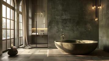 luxueux monochromatique salle de bains sanctuaire moderne splendeur avec rond pierre baignoire et olive vert accent mur photo