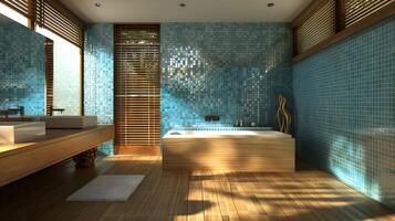 attrayant tranquillité - bleu tuile mosaïque salle de bains avec durable zèbre bois touche photo