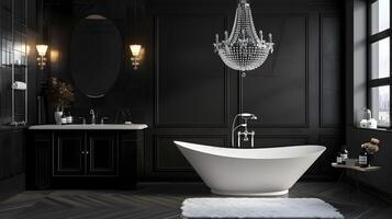 élégant monochrome salle de bains avec cristal lustre et Sur pied baignoire pour luxueux relaxation photo