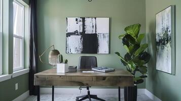 industriel élégant Accueil Bureau moderne espace avec sauge des murs, récupéré bois bureau, et abstrait art orné avec pothos les plantes photo