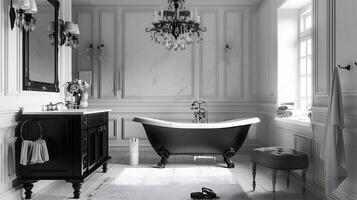 élégant monochrome salle de bains avec ancien baignoire et cristal lustre photo