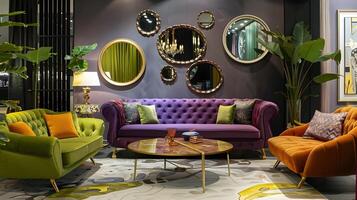 élégant vivant pièce avec violet chesterfield canapé et vibrant vert fauteuil orné avec miroirs et une noir fonctionnalité mur photo