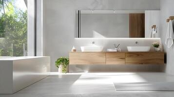 élégant salle de bains sanctuaire moderne double évier avec flottant bois vanité et verdure vue dans brillant lumière du jour photo