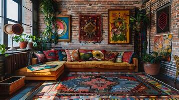 confortable rempli d'art bohémien vivant pièce avec généreuse velours canapé et tapisserie oreillers photo