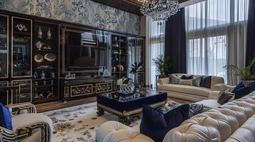 élégant vivant pièce avec bleu à motifs fond d'écran et or accents exsudant luxe et style photo