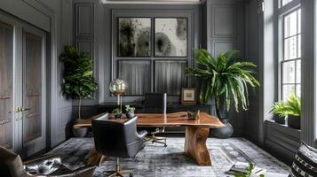 foncé gris Manoir Accueil Bureau exsudant moderne charme et verdure contraste photo