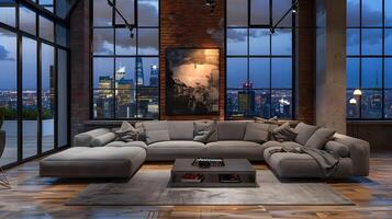 de style industriel vivant pièce avec gris en tissu en forme de l canapé surplombant ville horizon à nuit photo