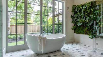 Sur pied baignoire dans moderne salle de bains avec serein jardin vue et vivant mur photo