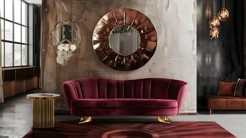 Bourgogne velours canapé avec laiton jambes dans art d'inspiration déco vivant pièce exsudant moderne luxe photo