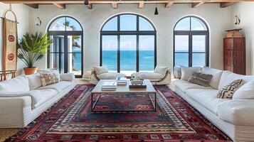 brillant Malibu vivant pièce avec océan vues et rustique moderne conception photo