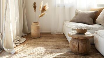 boho vivant pièce avec jute couverture et pampa herbe vase se prélasser dans doux lumière du soleil photo