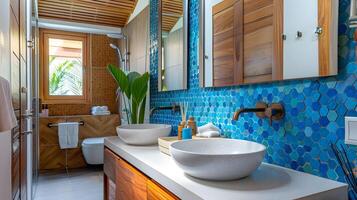 bleu hexagonal carrelage salle de bains avec élégant double navire les puits et teck bois accents photo