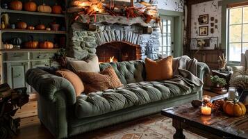 automnal vivant pièce avec olive vert chesterfield canapé orné dans rustique décor et héritage citrouilles photo