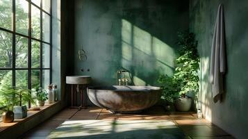 une moderne salle de bains oasis vert des murs rayonner sérénité et Naturel beauté photo