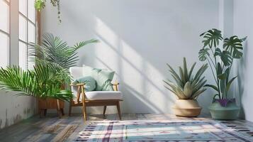 aéré minimaliste salon avec menthe vert oreillers et boho-chic fauteuil orné avec plantes succulentes photo