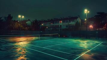 ancien les lampes éclairer paisible tennis tribunal en dessous de le nuit ciel photo