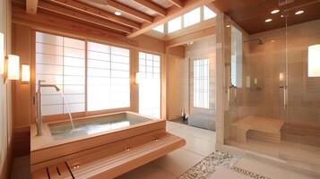 Zen inspiré Japonais salle de bains conception avec cèdre trempage baignoire et pierre entrer douche photo