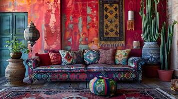 bohémien éclectique vivant pièce une vibrant tapisserie de culturellement riche motifs et textures photo