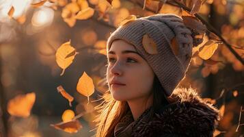 tranquille femme se prélasser dans l'automne soleils chaud embrasse au milieu de radiant feuillage photo