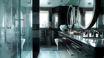 haut de gamme salle de bains conception lisse verre vanité et inonder douche exsudant moderne luxe photo
