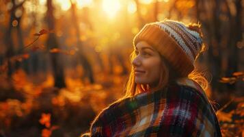 serein femme embrassement l'automne coin du feu dans forêt avec plaid couverture photo