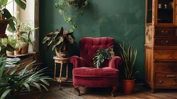 vibrant baie fauteuil dans confortable sauge vert coin rempli avec luxuriant les plantes photo