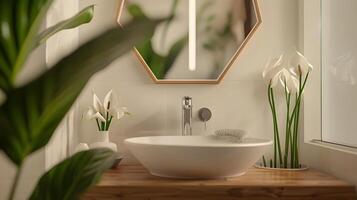 tranquille scandinave salle de bains vanité avec paix fleurs de lys et moderne hexagonal miroir photo