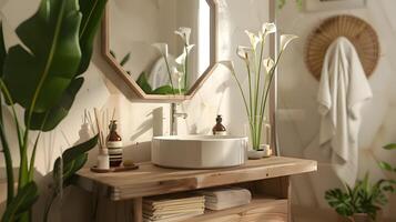 tranquille scandinave salle de bains vanité avec paix fleurs de lys et hexagonal miroir photo