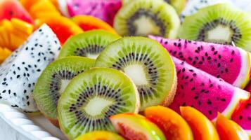 une vibrant proche en haut de une coloré fruit plat photo