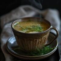 fumant agresser de anti inflammatoire OS bouillon moucheté avec aneth, ciboulette et gingembre, photo