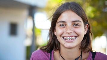 un appareil dentaire sur les dents magnifique rouge lèvres et blanc les dents avec métal croisillons. une les filles sourire. photo